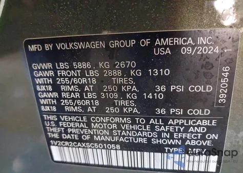 2025 Volkswagen Atlas 2.0T Peak Edition z USA, uszkodzony, nr VIN 1V2CR2CAXSC501058